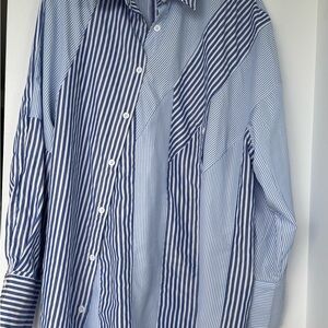 SHEIN Blue and White Striped Oversized Button-Up Blouse